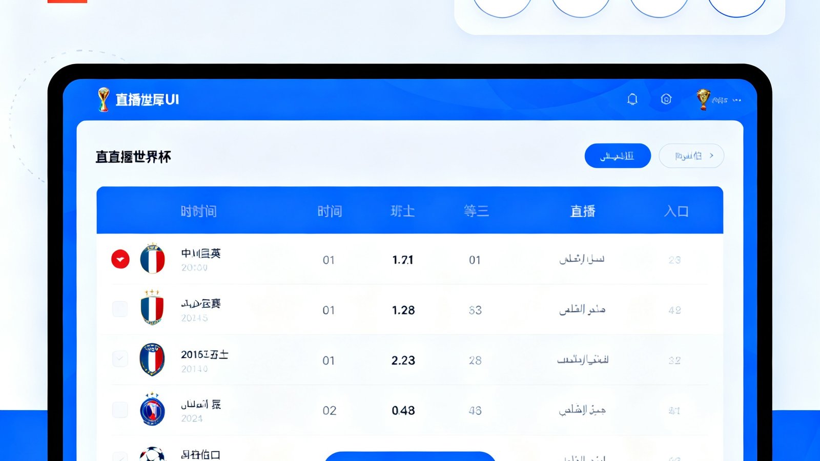 直播屋世界杯专题页面设计稿展示，支持六种语言切换的赛事专题页预览